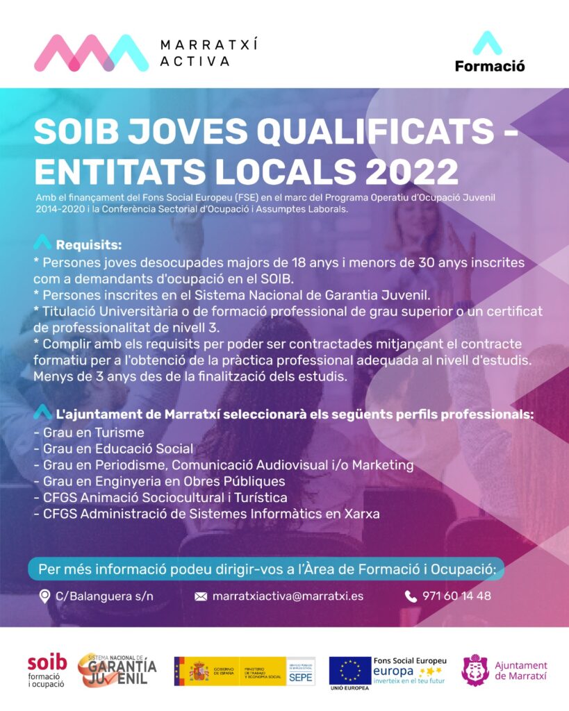 Darrers dies per a la inscripció en el programa SOIB Jove-Qualificats Entitats Locals per fer feina a l’Ajuntament
